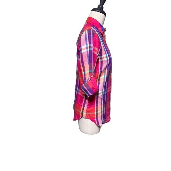 Lauren Ralph Lauren Plaid Roll Tab Sleeve Button Up Blouse Petite XS - Picture 2 of 4